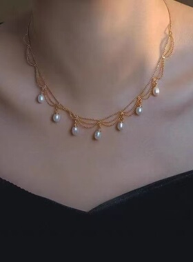 5A级天然淡水珍珠项链复古蕾丝多层豆豆链珍珠吊坠直播货源