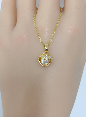 高亮无瑕天然淡水珍珠吊坠耳钉套装高级感微镶锆石贝壳形珍珠套装