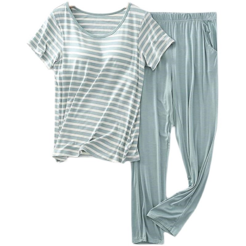 莫代尔女夏带胸垫半袖条纹宽松版大码短袖睡衣长裤家居服运动套装,淘宝优惠券,粉丝福利购,淘宝优惠卷