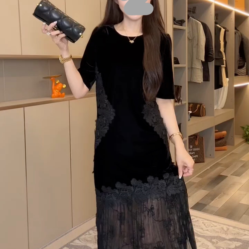 夏季薄款法式拼接蕾丝设计感半袖长裙宽松气质显瘦裙子连衣裙女 - 图1