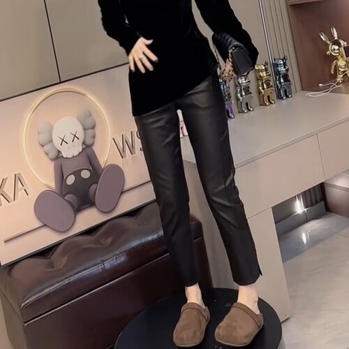 秋冬欧货开叉磨毛显瘦洋气涂层加薄绒百搭皮裤九分裤女小脚烟管裤 - 图0