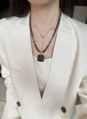 黑花梨搭配沉香扎基拉姆方牌吊坠项链 天然和田玉