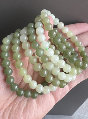 天然青黄口渐变和田玉圆珠手链 约8mm