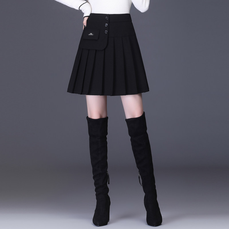 高腰2020年新款秋冬黑色a字百褶裙 欣莱丽半身裙