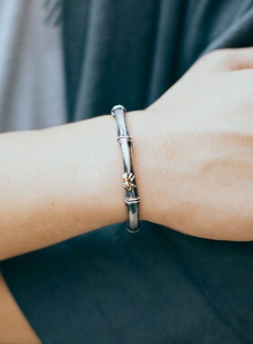 实心知足常乐平安竹藏银手镯