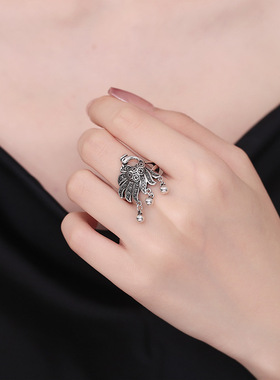 国潮复古凤凰流苏泰银戒指