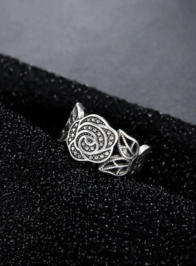 欧美复古暗黑玫瑰藏银戒指女士个性时尚潮流开口饰品素银指环礼物