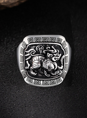 国潮复古麒麟泰银戒指