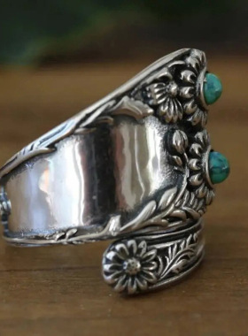 欧美复古绿石藏银戒指女士个性宽版夸张开口饰品素银指环闺蜜礼物