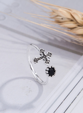 欧美复古骑士十字架黑锆石藏银戒指女士个性开口饰品情侣指环礼物