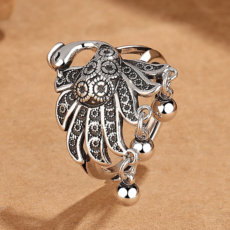 National trend retro phoenix tassel Thai silver ring