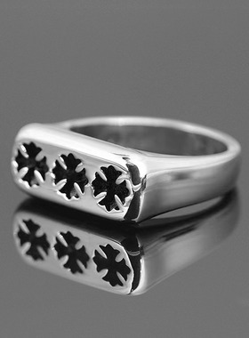 复古三十字花印章藏银戒指