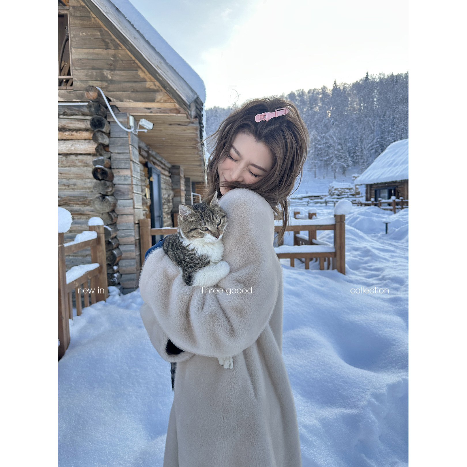 THREE GOOOD殷三吉 雪境奢调 高级感V领中长款环保毛仿皮草外套 - 图0