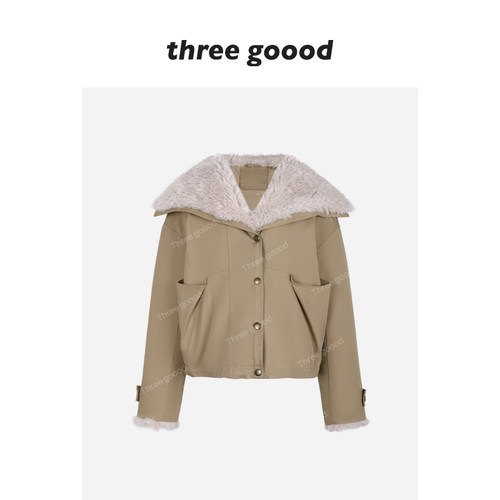 THREE GOOOD殷三吉 90白鸭绒大翻领环保毛领夹克羽绒服工装短款 - 图3