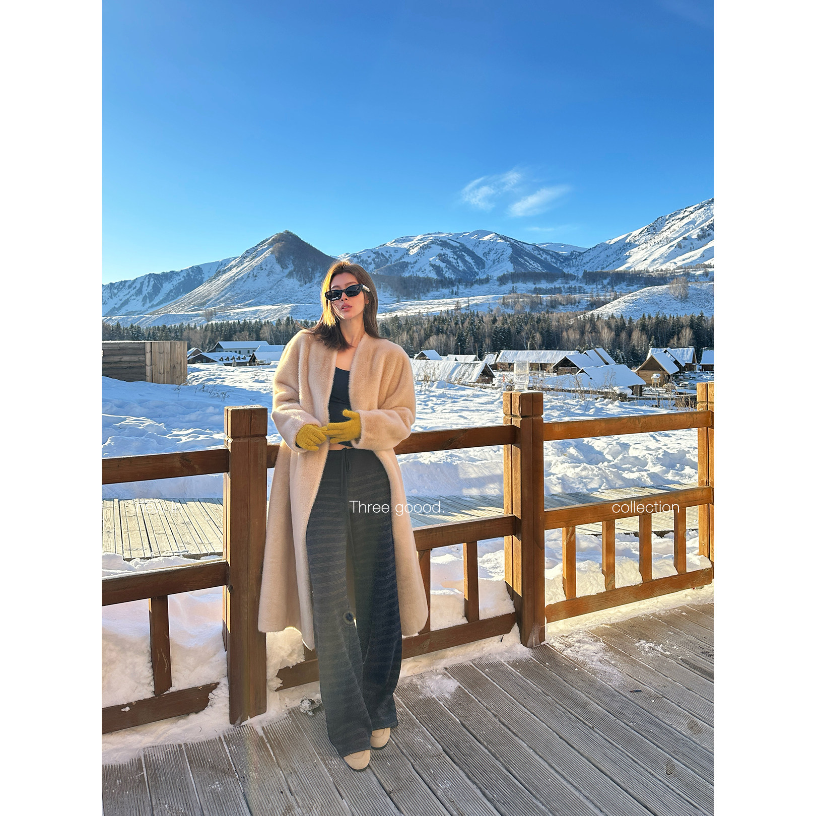 THREE GOOOD殷三吉 雪境奢调 高级感V领中长款环保毛仿皮草外套 - 图3