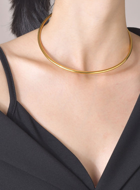 2024新款跨境夸张个性小众设计钛钢金色项圈镀金项饰女朋克夜店风