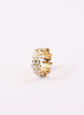 个性邹菊小花朵白色珐琅戒指