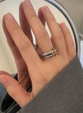 欧美个性时尚双环连接戒指女欧美ins复古时尚个性钛钢镀18k金指环