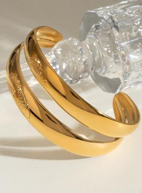 欧美风大气时尚钛钢光面双层开口手镯女士高级夸张手环跨境手饰女