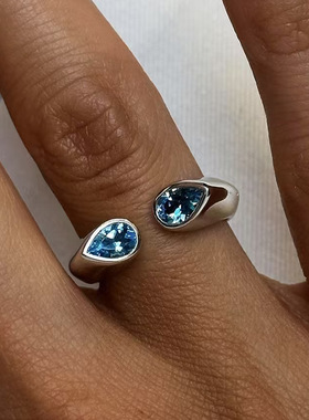 欧美跨境INS风水滴开口镶锆石钛钢镀18K金戒指指环中食指食指女