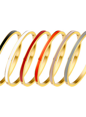 时尚欧美中古风时尚钛钢滴胶女士手环金色卡扣窄版手镯2025新款