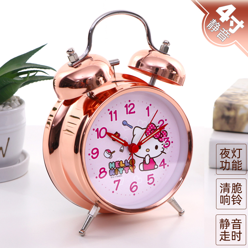 Hello Kitty玫瑰金靜音大聲打鈴鬧鐘學生兒童可愛懶人創意小鬧鐘