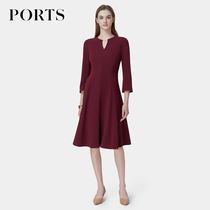 PORTS Ppose womens dress 2023 autumn and winter new elegance gentle wind neckline decorated Windsor red one-piece dress