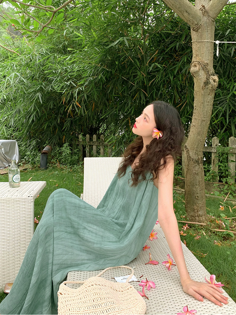 酒午自制【夏晚风】法式天丝亚麻打结肩带U型领连衣裙褶皱吊带裙,淘宝优惠券,粉丝福利购,淘宝优惠卷
