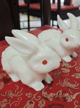 天然白玉小兔子一对摆件玉兔家居客厅电视柜酒柜办公室装饰工艺