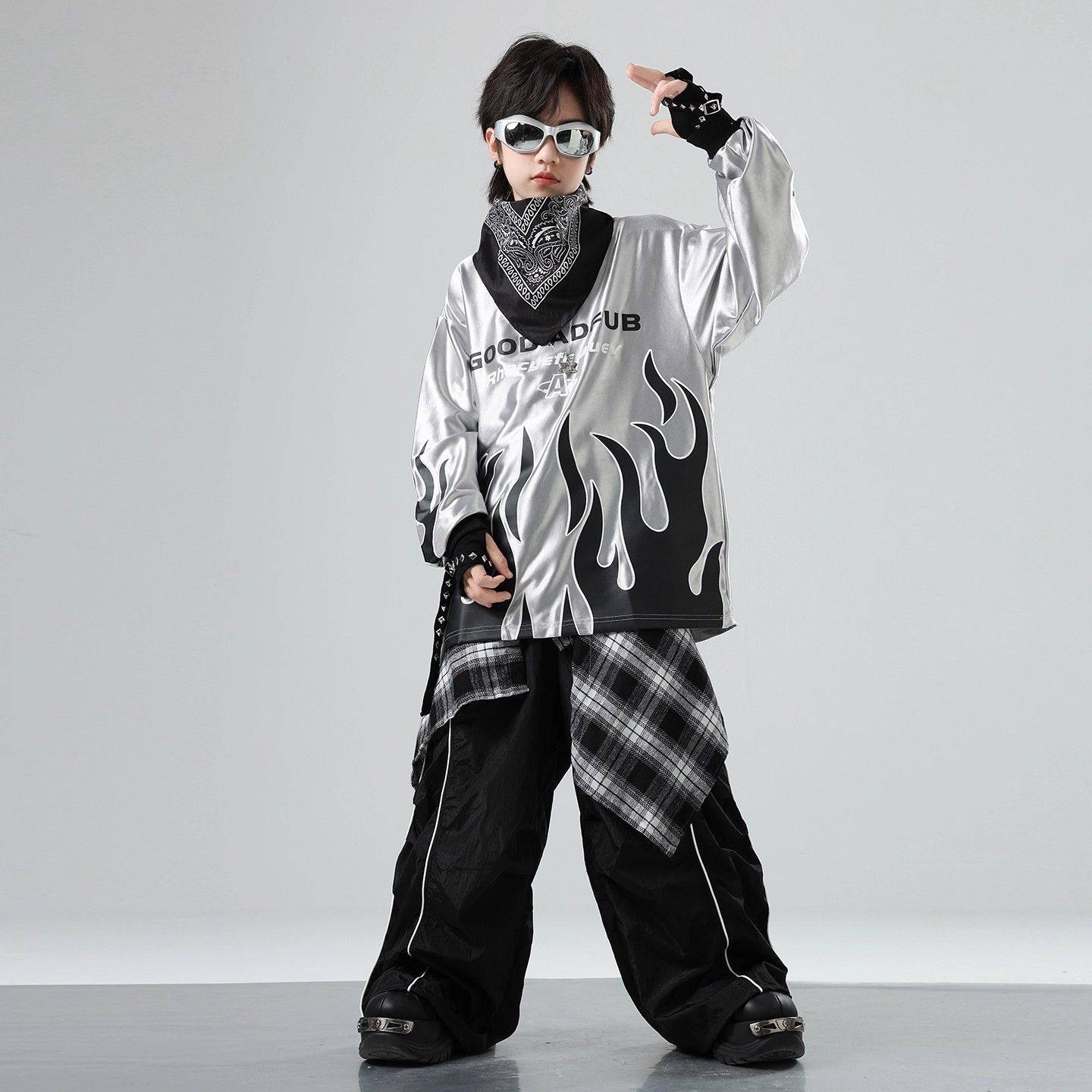 街舞演出服男童嘻哈hiphop潮酷宽松套装火焰少儿长袖t恤表演服装,淘宝优惠券,粉丝福利购,淘宝优惠卷