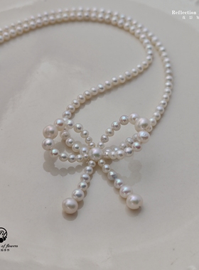 天然珍珠蝴蝶结珍珠项链女36+6cm极光强光近圆项链s925纯银尾链