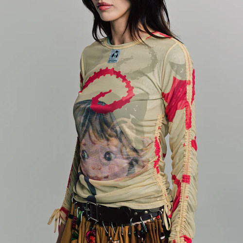 chopovai25SS欧美潮甜辣Y2K双层网纱抽绳长袖透气男女T恤上衣 - 图2