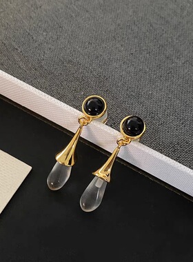 中古vintage复古法式文艺复古轻奢风优雅感耳环透明玻璃水滴耳饰