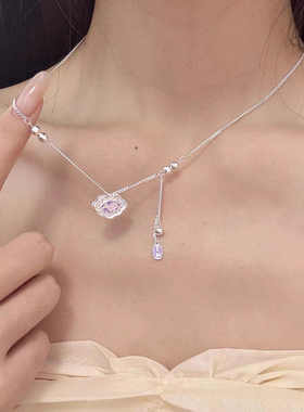 紫色珐琅平安锁项链女新中式轻奢