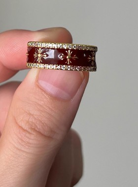 高保色红色滴釉十字架戒指女复古