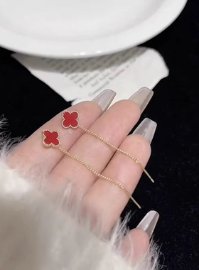 s925纯银红色四叶草耳线女气质