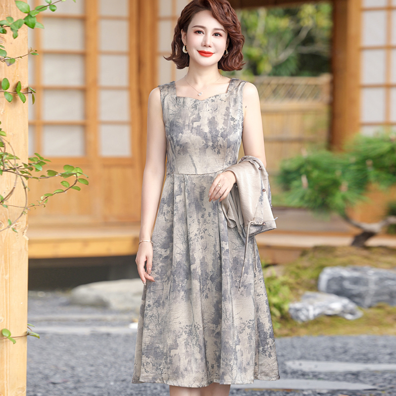 新中式妈妈装夏装新款连衣裙两件套中老年国风水墨画套装裙子洋气-图2