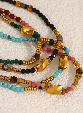 ins欧美彩色串珠项链女 复古小众夏季多巴胺彩色天然石锁骨