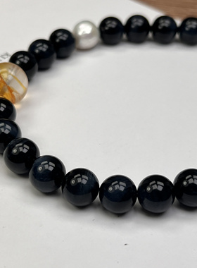 原创 天然高品闪电纹蓝虎眼石珍珠胶花项链