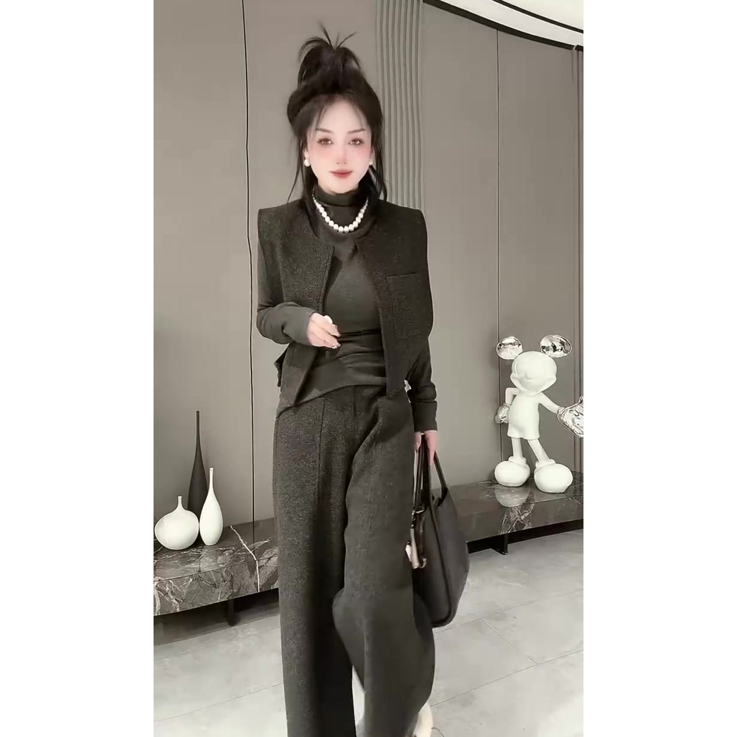 高级感毛呢套装女2026春季新款网红同款马甲+高领打底衫+阔腿裤潮,淘宝优惠券,粉丝福利购,淘宝优惠卷