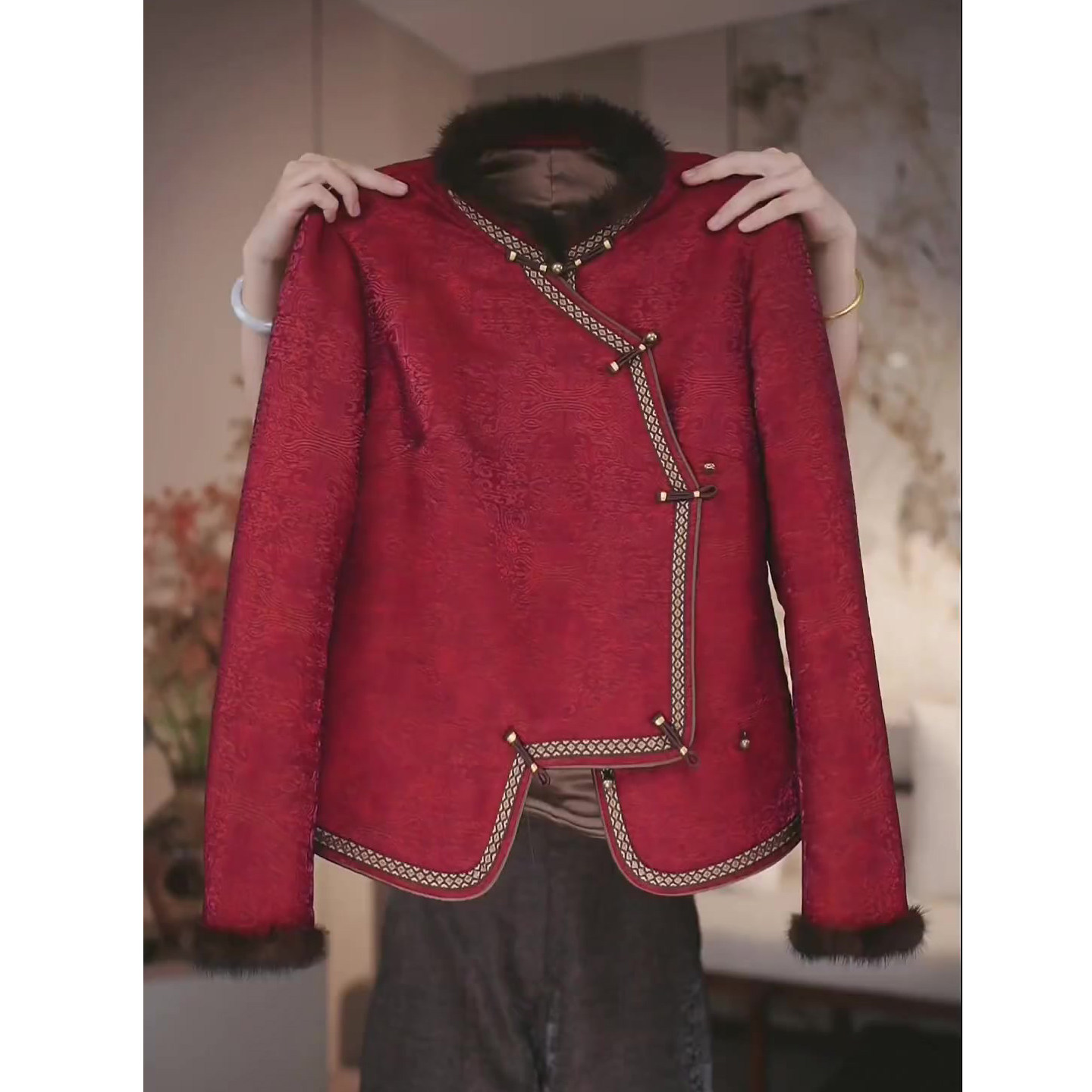 新中式国风套装女2025冬季新款毛毛拼接外套+高腰阔腿裤两件套装,淘宝优惠券,粉丝福利购,淘宝优惠卷