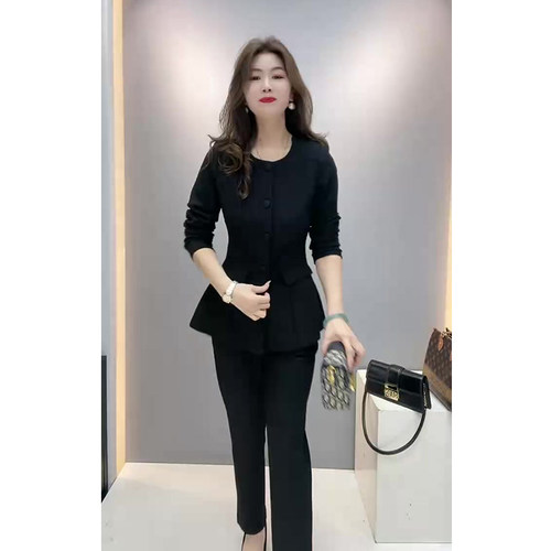 气质高街时尚两件套女春季夏季收腰显瘦上衣百搭休闲裤黑色套装潮 - 图1