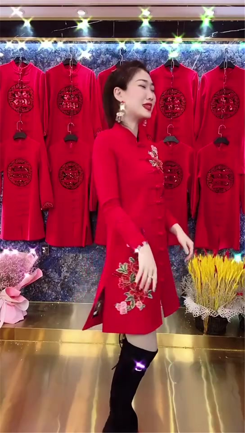 网红同款唐装女中长款韩版修身中式上衣外套开衫中国风连衣裙旗袍 - 图1