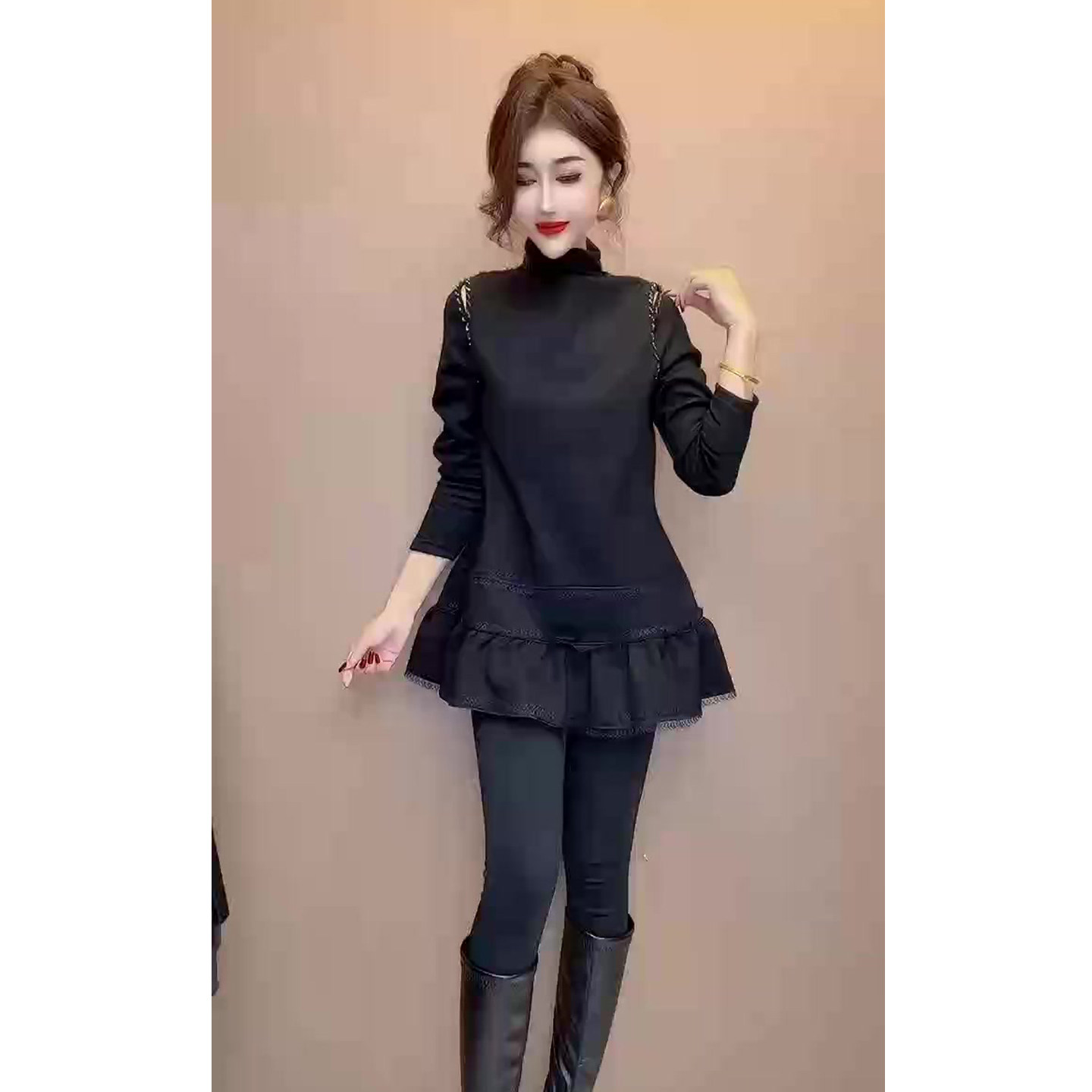 高领镂空设计连衣裙女2025冬季新款宽松遮肉显瘦女裙网红款中长裙,淘宝优惠券,粉丝福利购,淘宝优惠卷