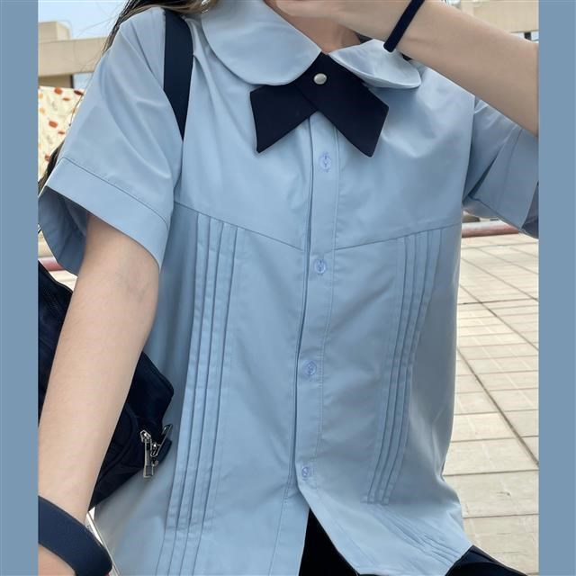 夏季日系JK制服衬衫女娃娃领风琴褶上衣圆领学院风粉色短袖款衬衣 - 图0