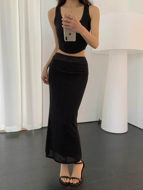 Black double layer mesh patchwork skirt