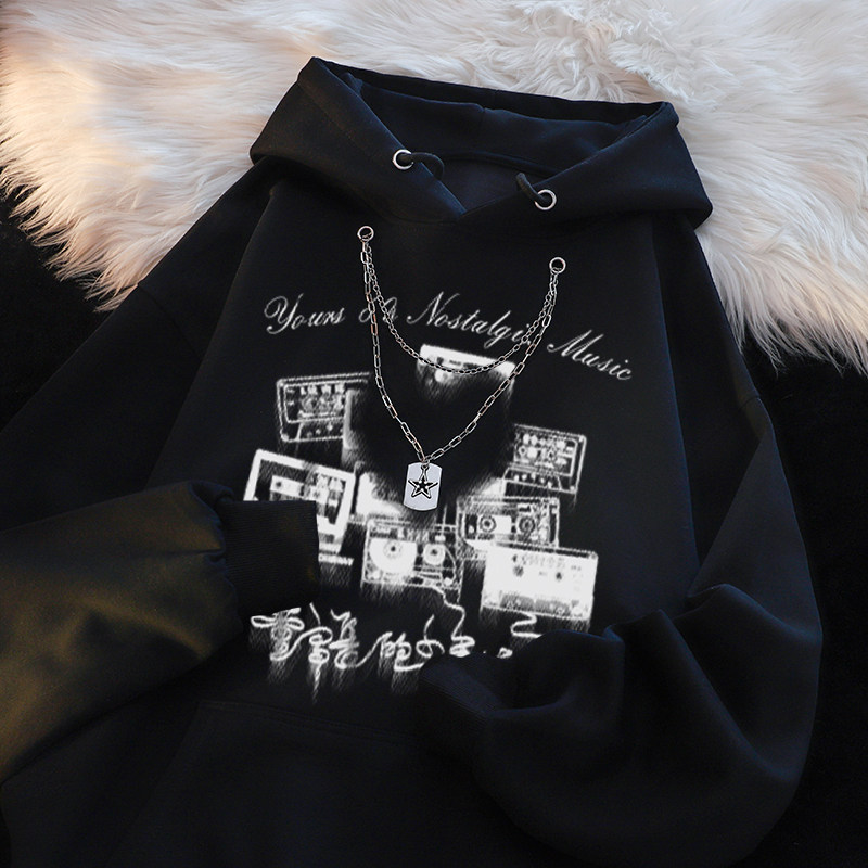美式高街潮牌项链录像带连帽卫衣男秋冬宽松百搭加绒加厚情侣外套,淘宝优惠券,粉丝福利购,淘宝优惠卷