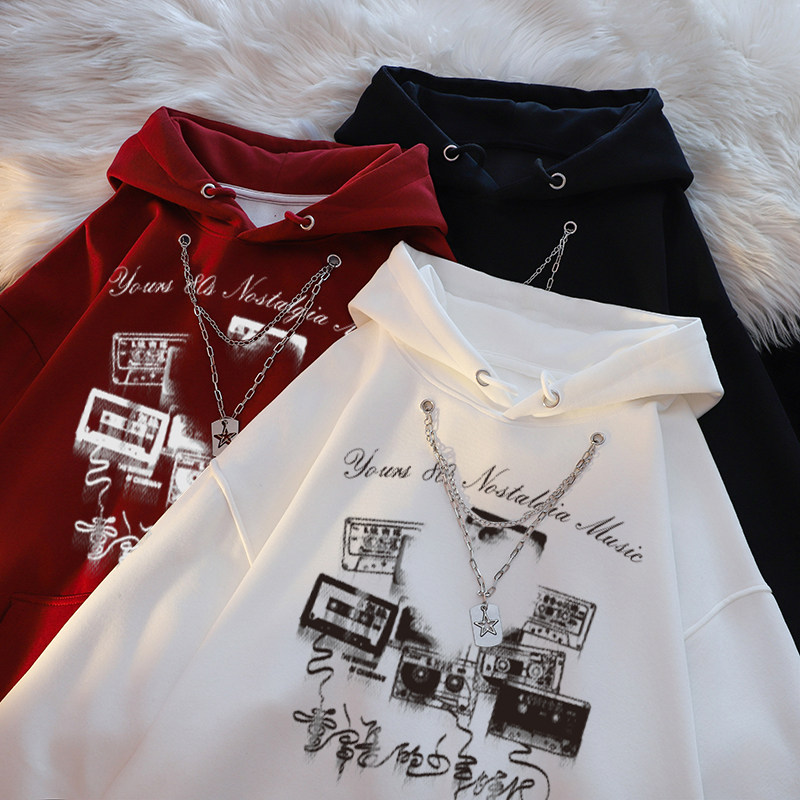 美式高街潮牌项链录像带连帽卫衣男秋冬宽松百搭加绒加厚情侣外套,淘宝优惠券,粉丝福利购,淘宝优惠卷