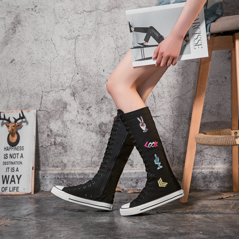 长筒帆布鞋女休闲鞋板鞋贴布高筒靴子女靴拉链大码百搭6138潮005