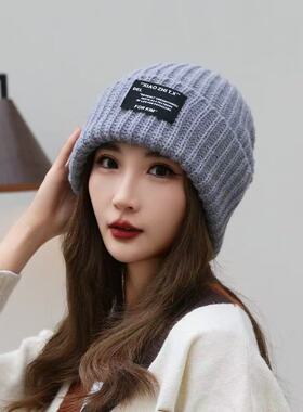 大头围显脸小毛线帽灰色粗针织帽子加绒毛线帽女秋冬黑色冷帽男潮